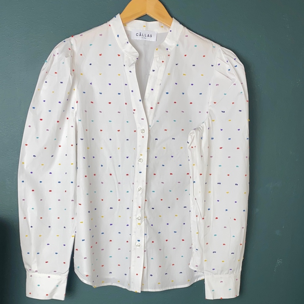 Women's White Button Down Shirt with Multicolor Dots